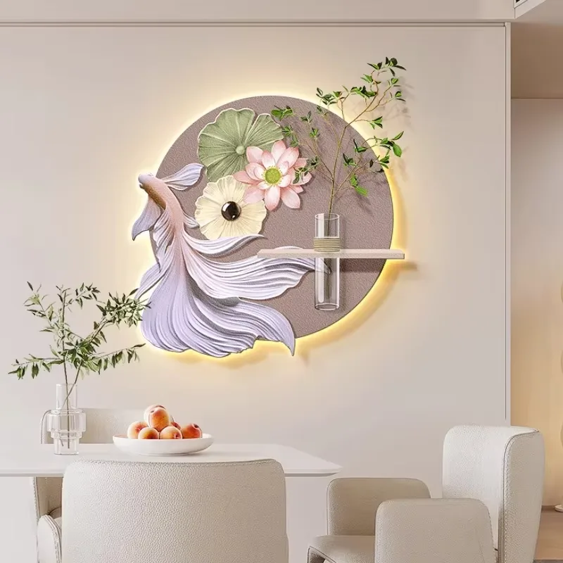 锦鲤 单幅 装饰画 现代简约 餐厅背景墙挂画 LED带灯画