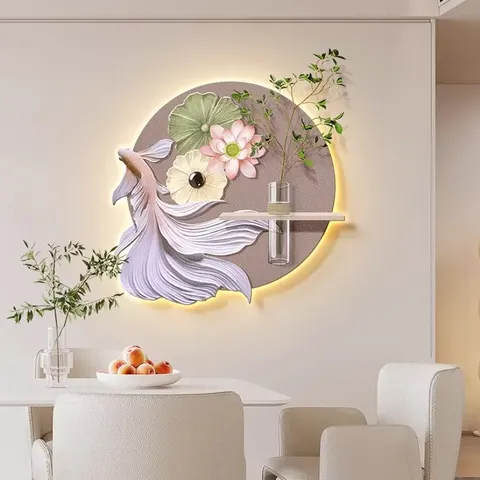 Koi Fish Restaurant Art Decor Painting Hydroponic Plants Glowed LED Painting Lotus Sandstone Circle Entrance Hall Mural Painting