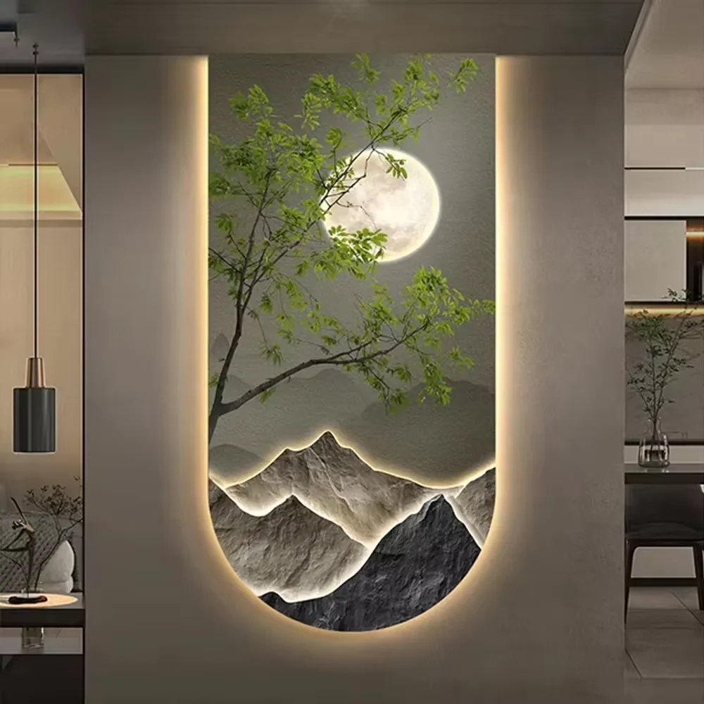 Landscape Green Plant Decorative Painting Crystal Porcelain Mural Diamond Wall Art Home Decorative Painting LED Lights