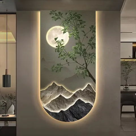 Landscape Green Plant Decorative Painting Crystal Porcelain Mural Diamond Wall Art Home Decorative Painting LED Lights