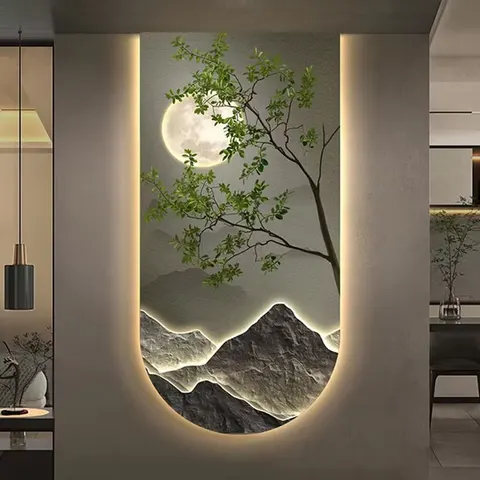 Landscape Green Plant Decorative Painting Crystal Porcelain Mural Diamond Wall Art Home Decorative Painting LED Lights