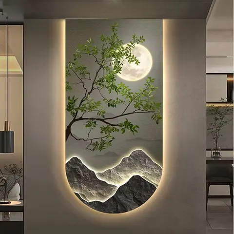 Landscape Green Plant Decorative Painting Crystal Porcelain Mural Diamond Wall Art Home Decorative Painting LED Lights