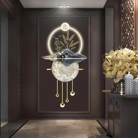 Landscape Greeting Pines Hanging Pictures LED Light Decorative Painting Crystal Diamond Mural Panda Landscape Painting