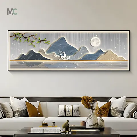 Landscape Led with Light Luxury Living Room Wall Decor Paintings Sofa Background Banner Atmospheric Crystal Porcelain Painting