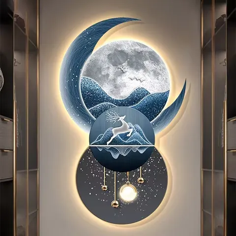 Landscape Moon Mural Laser Engraving Crystal Porcelain Painting Living Room Background Wall LED Wall Art Decor