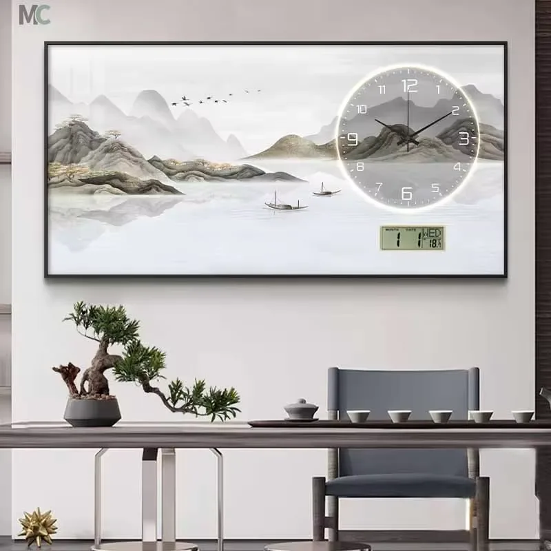 山水 单幅 装饰画 现代简约 餐厅背景墙挂画 挂钟