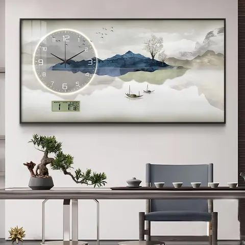 山水 单幅 装饰画 现代简约 餐厅背景墙挂画 挂钟