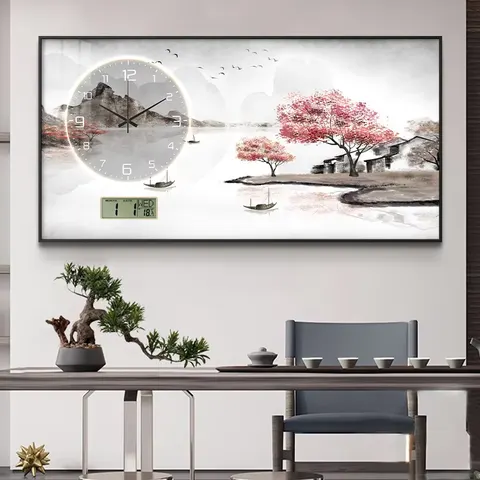 山水 单幅 装饰画 现代简约 餐厅背景墙挂画 挂钟
