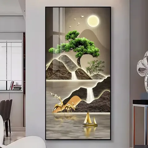 Landscape Surround Luminous Decorative Painting Crystal Porcelain Painting with Diamond Wall Art Home Decoration with LED