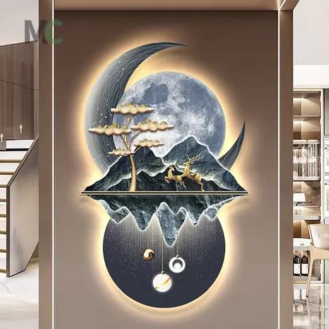 Laser Engraving Landscape Moon Led Painting Living Room Background Wall Crystal Porcelain Painting Wall Art Home Decor