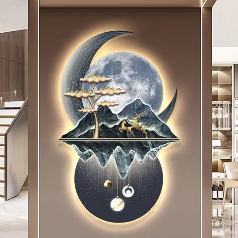 Laser Engraving Landscape Moon Led Painting Living Room Background Wall Crystal Porcelain Painting Wall Art Home Decor
