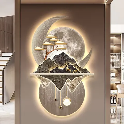Laser Engraving Landscape Moon Led Painting Living Room Background Wall Crystal Porcelain Painting Wall Art Home Decor