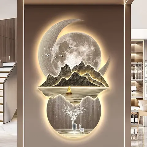 Laser Engraving Landscape Moon Led Painting Living Room Background Wall Crystal Porcelain Painting Wall Art Home Decor