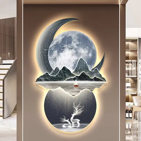 Laser Engraving Landscape Moon Led Painting Living Room Background Wall Crystal Porcelain Painting Wall Art Home Decor