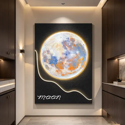 Layered Sandstone LED Wall Painting Moon Pattern Textured Canvas Wall Art, Modern Home Decor for Living Room Entryway Bedroom