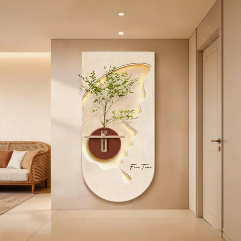LED Art Deco Decorative Painting Built-in Light Glass Vase Hydroponic Plant Sandstone Texture Handmade Wall Hanging Art Home