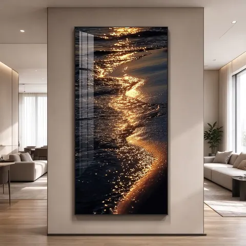LED Crystal Porcelain Painting Golden Sea Wave Aluminum Alloy Frame Luxury Wall Decor for Entryway Living Room Hallway