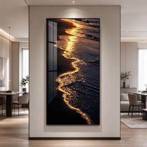 LED Crystal Porcelain Painting Golden Sea Wave Aluminum Alloy Frame Luxury Wall Decor for Entryway Living Room Hallway