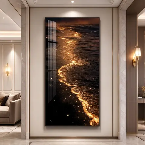 LED Crystal Porcelain Painting Golden Sea Wave Aluminum Alloy Frame Luxury Wall Decor for Entryway Living Room Hallway