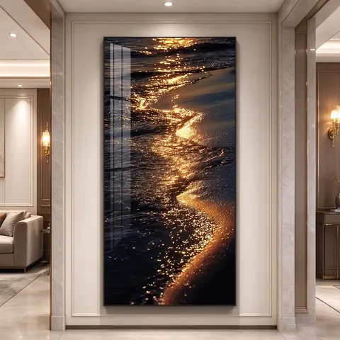 LED Crystal Porcelain Painting Golden Sea Wave Aluminum Alloy Frame Luxury Wall Decor for Entryway Living Room Hallway