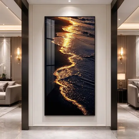LED Crystal Porcelain Painting Golden Sea Wave Aluminum Alloy Frame Luxury Wall Decor for Entryway Living Room Hallway