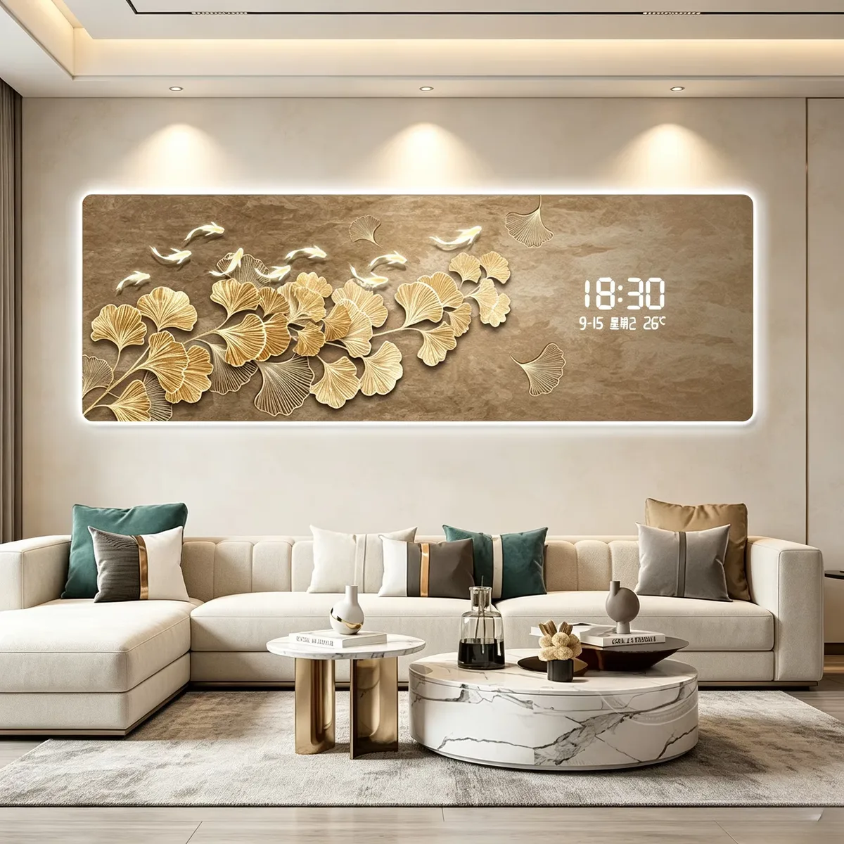 LED Decorative Painting Backlight Canvas Wall Art With Time Date Temperature Display Golden Ginkgo Fish Wall Hanging