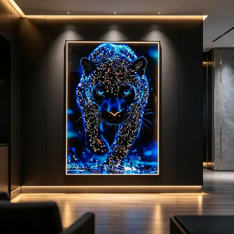 LED Decorative Painting Blue Black Panther LED Light Wall Picture, Luxury Diamond Inlay Framed Wall Art for Interior Decoration
