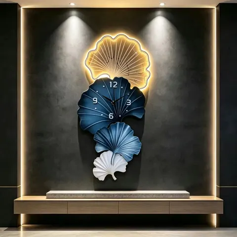 LED Decorative Painting  Carved Ginkgo Leaf Wall Clock, Backlit LED Wall Art, Luxury Living Room Background Wall Decor