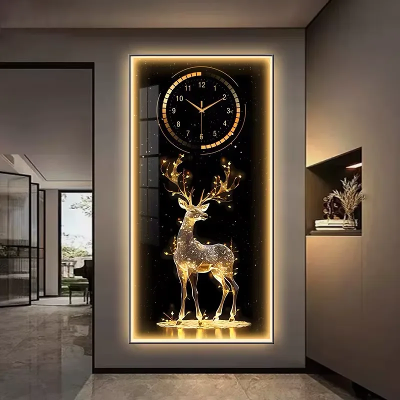 LED Decorative Painting Golden Deer Luxury Handmade MDF Wall Art Clock for Entryway Home Decor