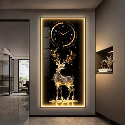 LED Decorative Painting Golden Deer Luxury Handmade MDF Wall Art Clock for Entryway Home Decor