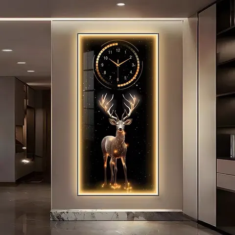 LED Decorative Painting Golden Deer Luxury Handmade MDF Wall Art Clock for Entryway Home Decor