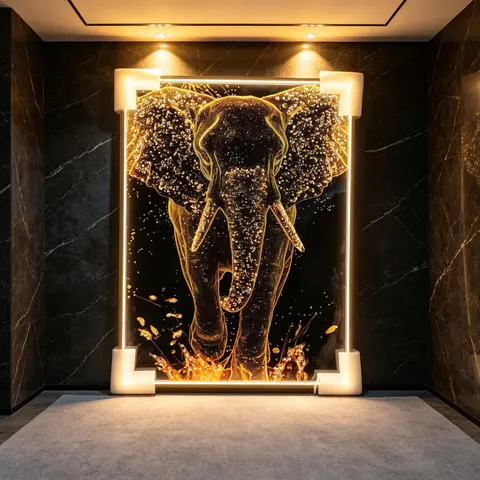 LED Decorative Painting Golden Elephant Wall Picture With Light Frame for Entrance Home Decor