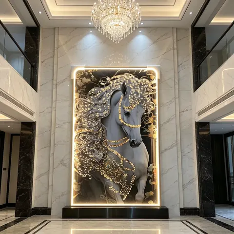 LED Decorative Painting Golden Horse LED Light Wall Art, Crystal Porcelain Wall Painting for Villa Lobby Home Decoration