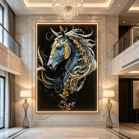 LED Decorative Painting Golden Horse Wall Art With Light Crystal Porcelain Painting Home Entrance Wall Decoration