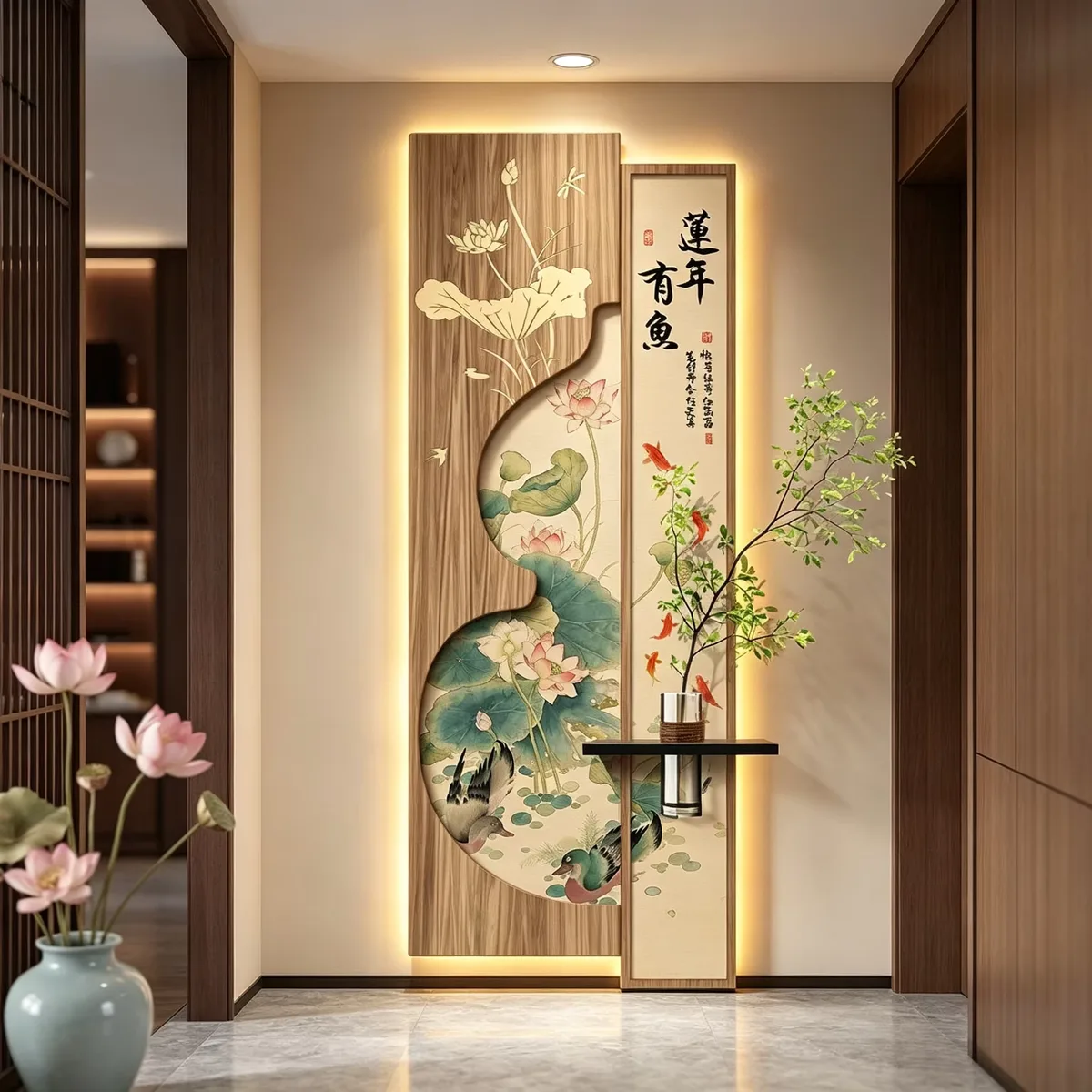 锦鲤 单幅 装饰画 新中式 玄关背景墙挂画 LED带灯画