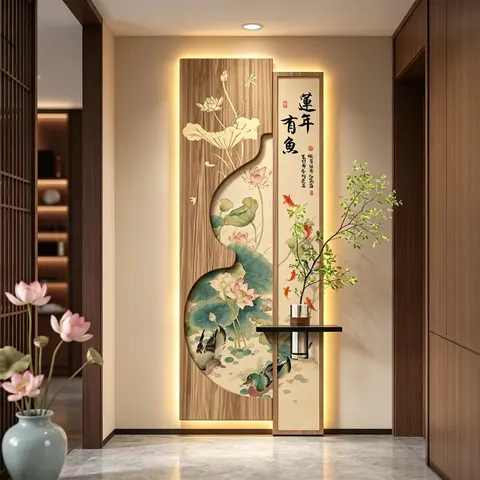 LED Decorative Painting Gourd Shaped Lotus Fish Illuminated Wall Art, New Chinese LED Wall Decor With Shelf for Entrance