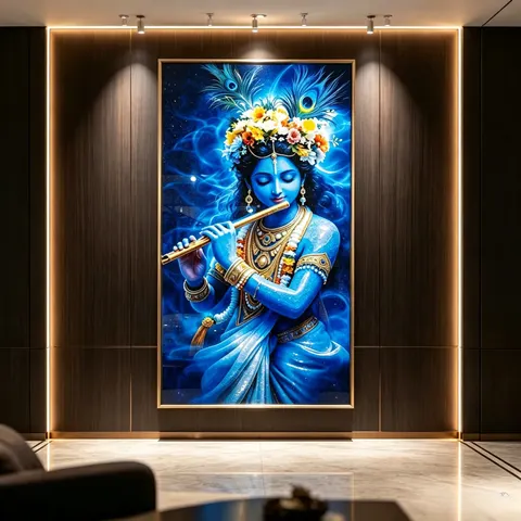 LED Decorative Painting Krishna Wall Art, Framed Crystal Porcelain LED Wall Painting for Interior Decoration