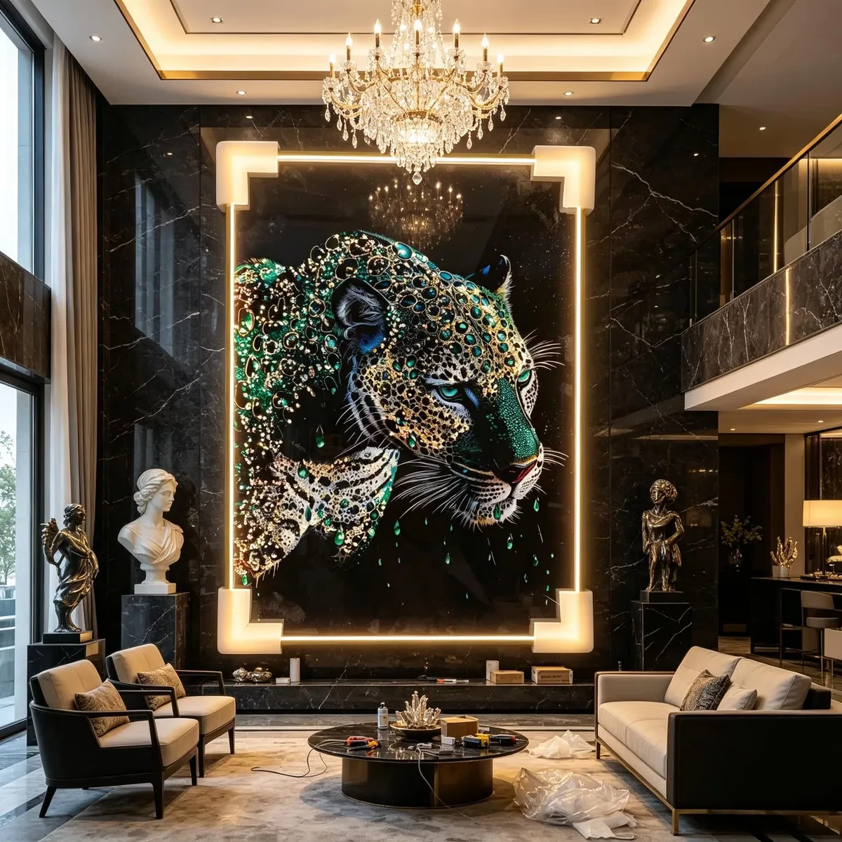 LED Decorative Painting Luxury Leopard Crystal Porcelain Wall Art, LED Light up Framed Wall Painting for Villa Hallway