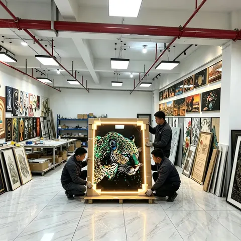 LED Decorative Painting Luxury Leopard Crystal Porcelain Wall Art, LED Light up Framed Wall Painting for Villa Hallway