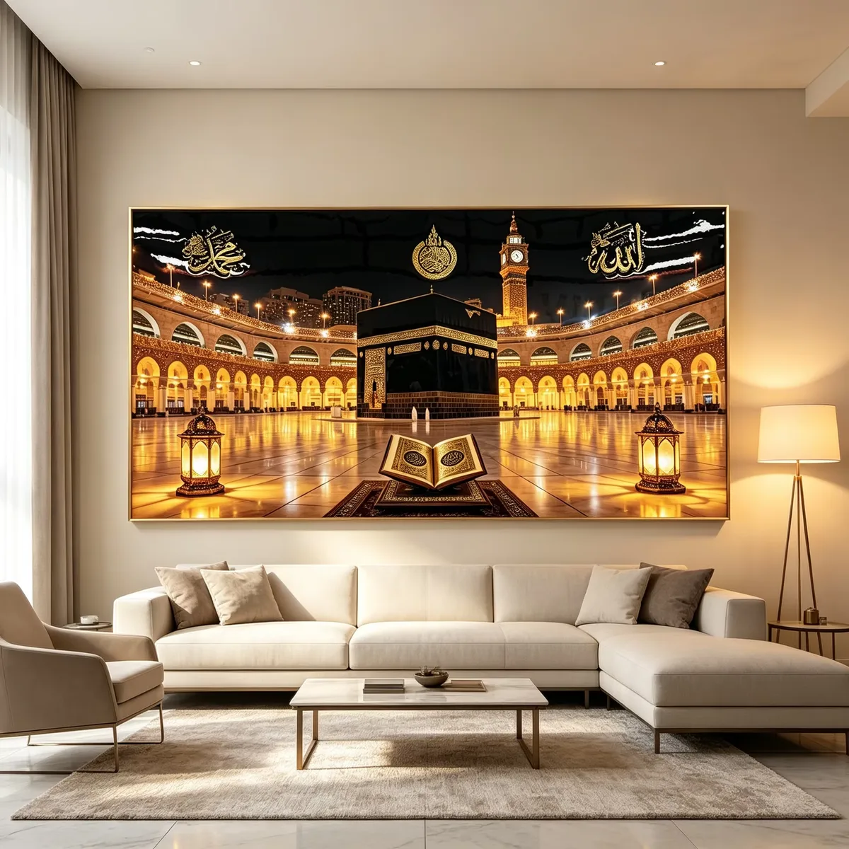 LED Decorative Painting Makkah Kaaba Night Scene Wall Art Islamic Muslim Home Decoration Framed Light up Wall Picture