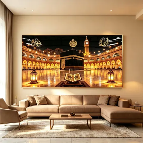 LED Decorative Painting Makkah Kaaba Night Scene Wall Art Islamic Muslim Home Decoration Framed Light up Wall Picture