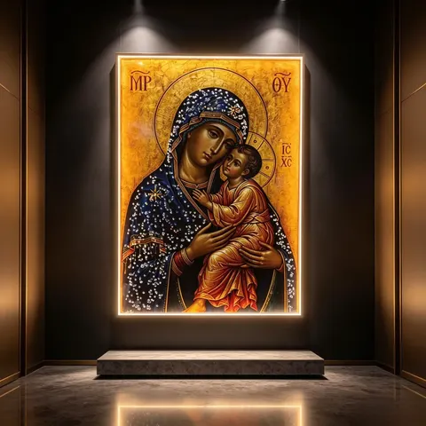 LED Decorative Painting Religious Virgin Mary Icon Framed Backlit LED Wall Art Picture for Church Home Decoration
