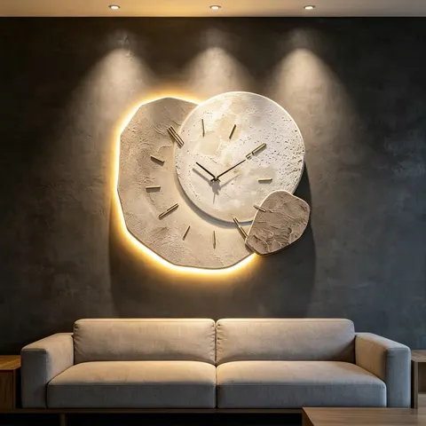 LED Decorative Painting Wall Clock, Irregular Stone Texture Moon Wall Art with Warm Back Light, Home Living Room Decor