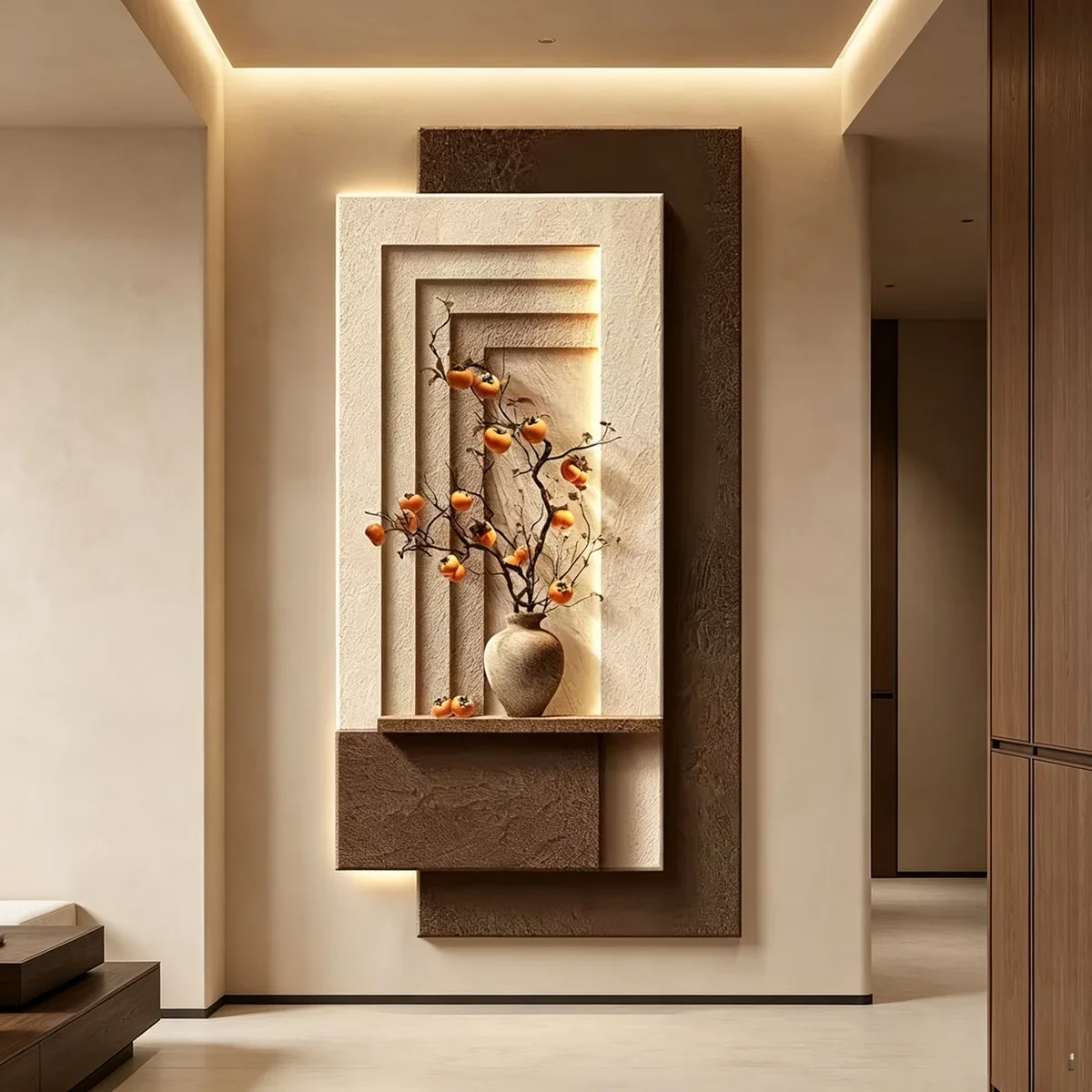 LED Decorative Painting with Persimmon Branch, 3D Textured Wall Art, LED Backlit Wall Decor for Home Entrance Hallway