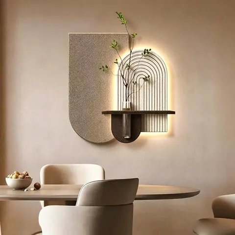 LED Decorative Painting with Shelf, Modern Wall Art Light, Wabi Sabi Wall Decor, Home Living Room Background Wall Lamp