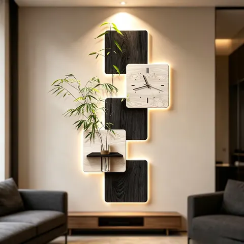 LED Decorative Painting with Wall Clock, Wooden Spliced Lighted Wall Art for Home Living Room Decor