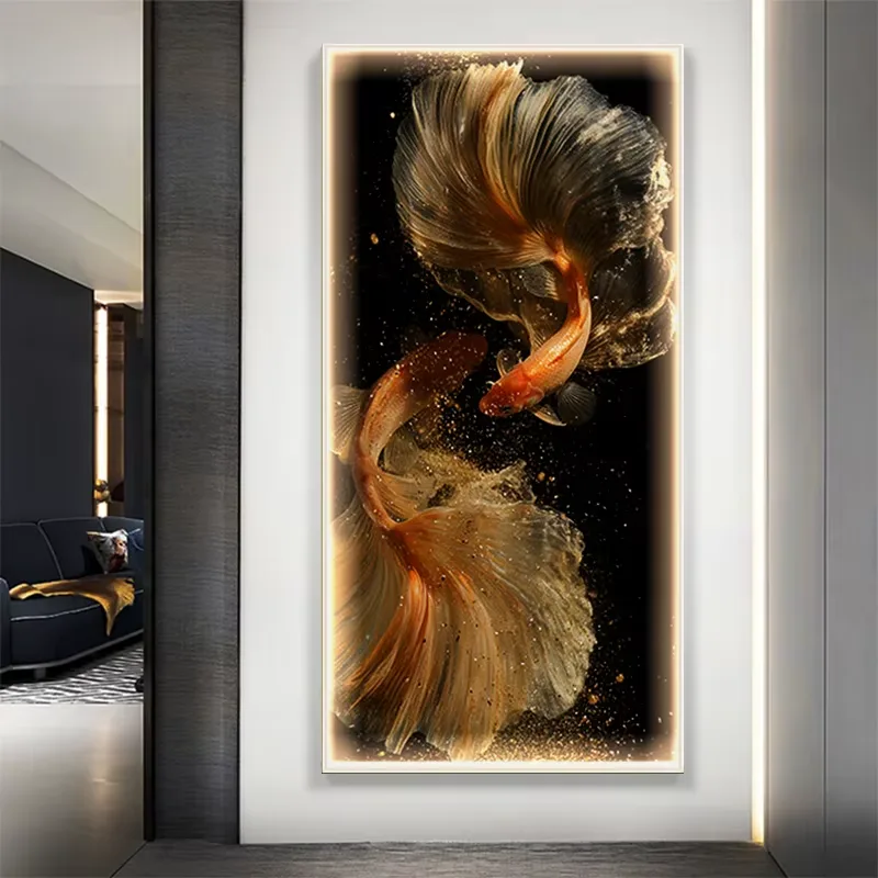 LED Gold Koi Fish Diamond Inlaid Wall Painting, Aluminum Alloy Frame Glowing Crystal Fish Wall Art for Entryway Home Decor