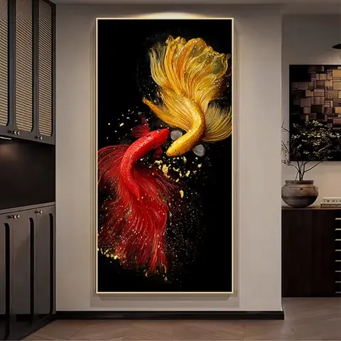 LED Gold Koi Fish Diamond Inlaid Wall Painting, Aluminum Alloy Frame Glowing Crystal Fish Wall Art for Entryway Home Decor