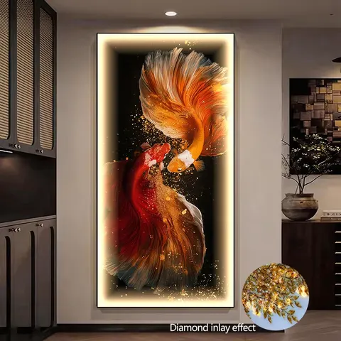 LED Gold Koi Fish Diamond Inlaid Wall Painting, Aluminum Alloy Frame Glowing Crystal Fish Wall Art for Entryway Home Decor