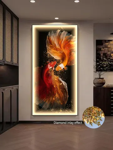 LED Gold Koi Fish Diamond Inlaid Wall Painting, Aluminum Alloy Frame Glowing Crystal Fish Wall Art for Entryway Home Decor